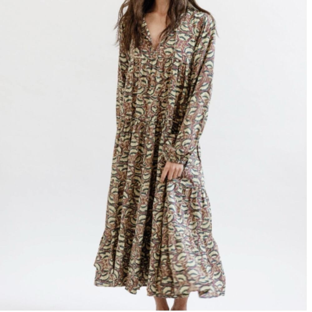 Maleu Washed Cotton Block Print Burgundy Floral Tiered Maxi Dress S